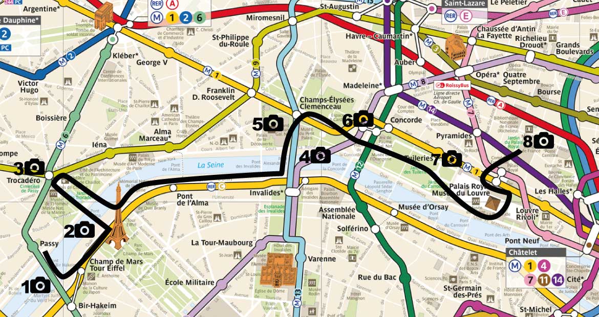 Plan de balade photo à Paris, itinéraire depuis le Pont de Bir-Hakeim jusqu'au Palais Royal
